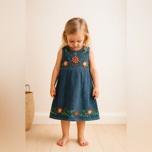 Vintage April Cornell Cornelloki Embroidered Denim Jean Dress Girls Size 2